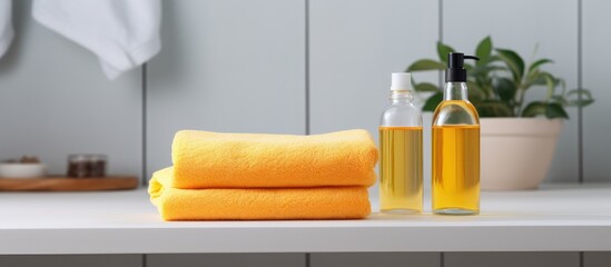 Poster - Copy space image of towels and shower gel set on a white table against a bathroom background
