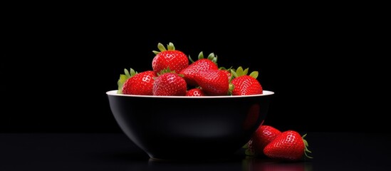 Wall Mural - A copy space image of a vibrant red strawberry resting in a bowl against a striking black background