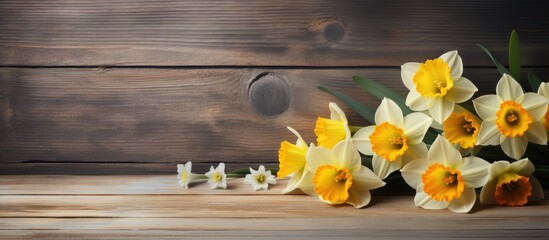 Poster - A copy space image of winter daffodils displayed on a rustic wooden table