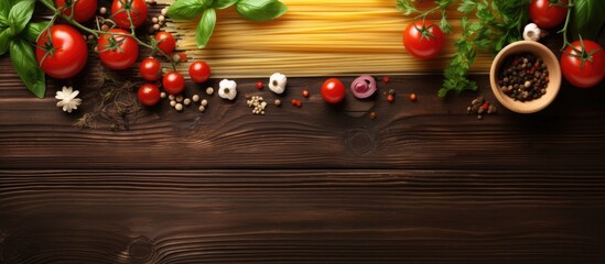 Aufkleber - Top view of a wooden table with all the ingredients needed for making pasta spaghetti fresh cherry tomatoes basil leaves garlic onions flavored oil and ample copy space for additional elements