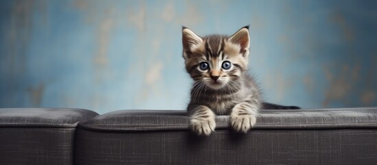 Poster - Indoor tabby kitten on sofa with space for text a cute baby animal. Creative banner. Copyspace image