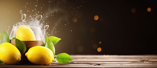 Poster - A fresh lemon is being sprinkled from a basket over a wooden background in this copy space image