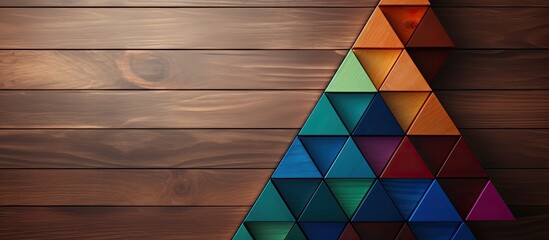 Poster - The tangram puzzle is displayed in the shape of a Christmas tree on a wooden background creating a visually appealing copy space image 136 characters