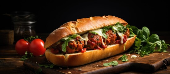 Poster - A delicious homemade spicy meatball sub sandwich is displayed on a wooden table making for a perfect copy space image