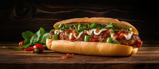 Poster - A delicious homemade spicy meatball sub sandwich is displayed on a wooden table making for a perfect copy space image