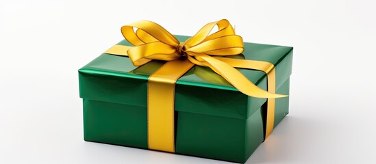 Aufkleber - Isolated on a white background there is a cardboard green gift box with a golden yellow cover providing ample copy space for an image