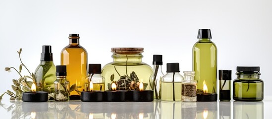Poster - Isolated on a white background there is a copy space image featuring spa oils in bottles and scented candles all captured with the help of PS paths