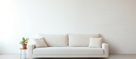 Poster - There is a copy space image of a laptop placed on a sofa against a white wall background