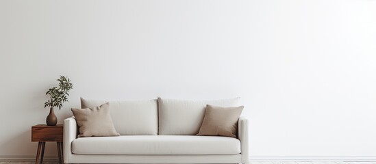 Poster - There is a copy space image of a laptop placed on a sofa against a white wall background