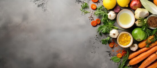 Poster - This is a top view image featuring a healthy artichoke dinner made with olive oil potatoes carrots and onions on a gray floor background The copy space image allows text to be added