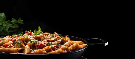 Aufkleber - Italian penne pasta with chicken cooked in a flavorful tomato sauce garnished with parsley showcased in a pan and placed on a black background for a visually appealing copy space image