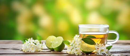 Poster - A cup of lime tree tea with blossoms on a wooden surface is shown in the copy space image