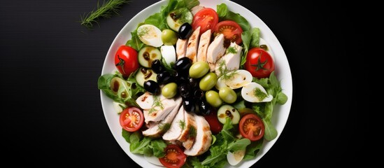 Poster - Low carb dietary food of mozzarella cheese olives chicken cucumber and tomatoes in a vegetable and meat salad The top view highlights the copy space image
