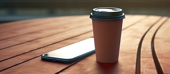 Aufkleber - A coffee cup made of cardboard with a lid and a phone sitting on a wooden table There is room available for adding text next to the image. Creative banner. Copyspace image