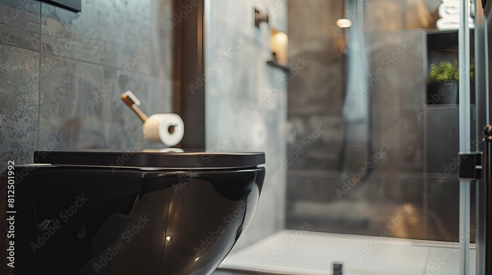 Black toilet bowl in the bathroom with the loft interior design is near ...