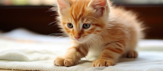 Poster - Ginger maine coon kitten with an endearing gesture as he cleans his paw Image allows room for text. Creative banner. Copyspace image