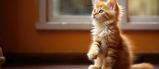 Poster - Ginger maine coon kitten with an endearing gesture as he cleans his paw Image allows room for text. Creative banner. Copyspace image