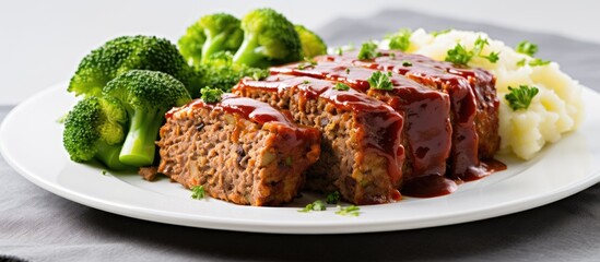 Sticker - A delicious homemade meatloaf made with ground baked chicken served with green peas and sliced broccoli on a white table This copy space image showcases a classic American dish