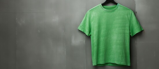 Poster - Male green cotton t shirt hanging on a gray grunge marble wall with no print and ample space on the right side for your text