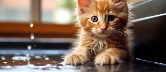 Poster - Ginger maine coon kitten with an endearing gesture as he cleans his paw Image allows room for text. Creative banner. Copyspace image
