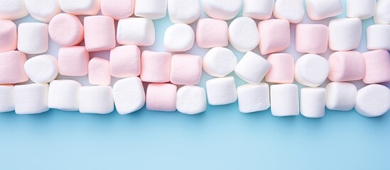 Fototapete - Marshmallows arranged in a flat lay composition with a copy space frame on a pastel pink and blue background Minimal yet creative concept