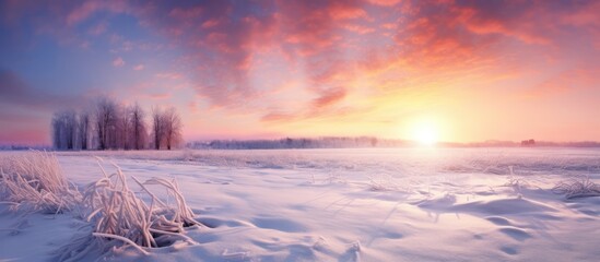 Poster - A mesmerizing winter sunset creating a breathtaking scene over a snow covered field is captured in the copy space image