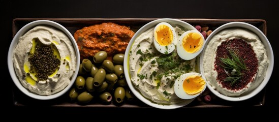 Aufkleber - A Middle Eastern style breakfast platter featuring labneh cream cheese foul muhammara dip and zaatar is presented from a top down view with copy space available The platter also includes a variety of