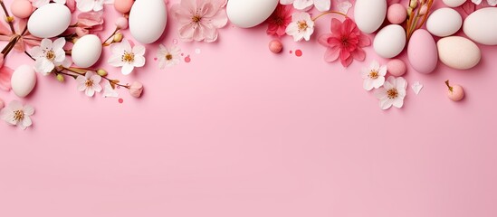 Aufkleber - Minimalistic spring concept with a creative Easter composition The flat lay showcases the delicate shape of an Easter egg adorned with a beautiful floral frame on a pink background Ample copy space c