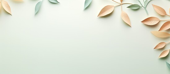 Leinwandbilder - A minimalistic concept with a nature theme featuring a top down view of pastel background with tree leaves perfectly suited for copy space image