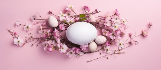 Aufkleber - Minimalistic spring concept with a creative Easter composition The flat lay showcases the delicate shape of an Easter egg adorned with a beautiful floral frame on a pink background Ample copy space c