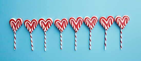 Poster - A minimalistic love concept with candy cane hearts on a flatlay of Christmas red striped candy canes and lollipops on a blue background Copy space image representing Merry Christmas sweets and a Happ