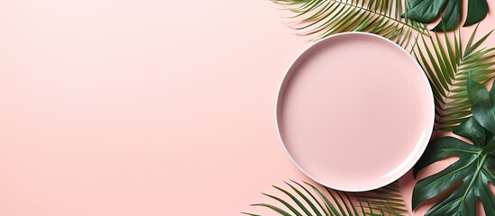 Poster - A minimalistic top down view of millennial pink paper background with an empty plate placeholder surrounded by vibrant green tropical palm leaves Perfect for your text or design ideas A visually appe