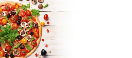 Aufkleber - Top view of a mouthwatering pizza loaded with fresh vegetables resting on a wooden table against a pristine white backdrop with ample copy space for creative use in images