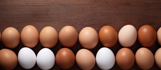 Poster - Multiple light brown and dark brown eggs are arranged on paper panels with several laying hens positioned closely together in the copy space image