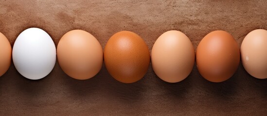 Poster - Multiple light brown and dark brown eggs are arranged on paper panels with several laying hens positioned closely together in the copy space image