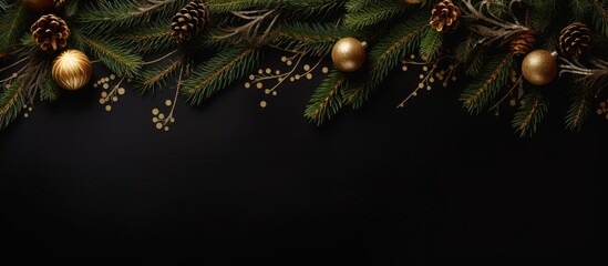 Poster - A festive New Year greeting card showcasing Christmas decorations xmas tree branches all elegantly arranged on a black background The top view offers a charming copy space image