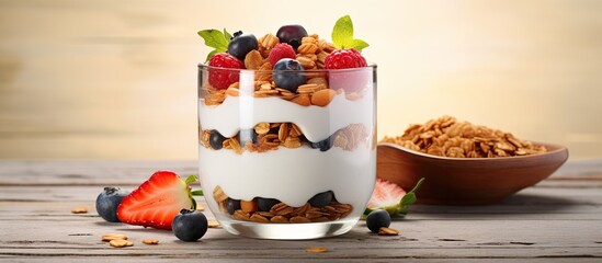 Aufkleber - A nutritious and delicious breakfast option featuring granola yogurt fruits nuts and a dessert parfait with dried fruits for a wholesome morning meal Enrich your breakfast with this copy space image
