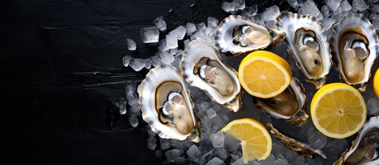 Sticker - Overhead view of whole oysters presented on a rustic slate table accompanied by ice and slices of fresh lemon creating a captivating copy space image