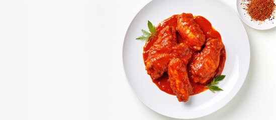 Poster - Top view of spicy fried chicken wings in paprika sauce presented on a white plate against a white backdrop leaving ample space for additional images or text