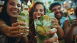 Fototapeta  - Cheering over mojitos in a happy group of friends at the restaurant cocktail bar - Young people enjoying themselves while sipping cocktails during happy hour at a pub - Youth concept and party time