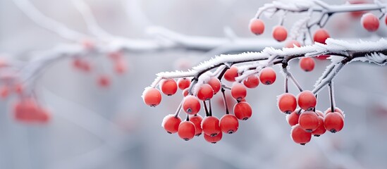 Fototapete - A picturesque copy space image capturing frozen red berries adorned with hoarfrost on a chilly winter day