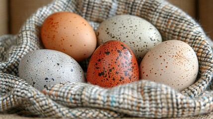 Poster -   A basket brimming with various hued eggs rests atop a cloth-covered table adjacent to an orange and black striped egg