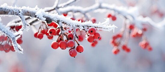 Fototapete - A picturesque copy space image capturing frozen red berries adorned with hoarfrost on a chilly winter day