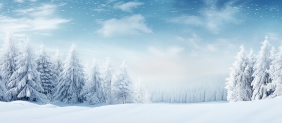 Aufkleber - A picturesque winter scene with snowy fir branches forming a copy space image against the backdrop of a natural forest landscape The sky is clear and bright adding to the enchantment of this outdoor