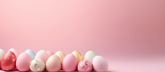 Fototapete - Easter banner with pastel pink background adorned with colored Easter eggs Copy space image
