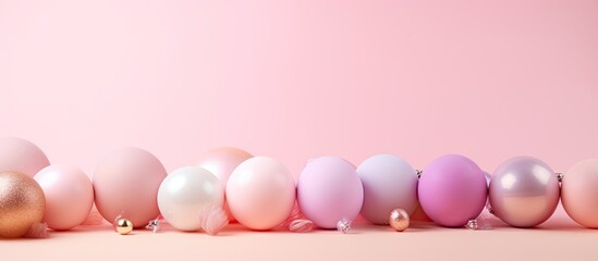 Fototapete - Easter banner with pastel pink background adorned with colored Easter eggs Copy space image