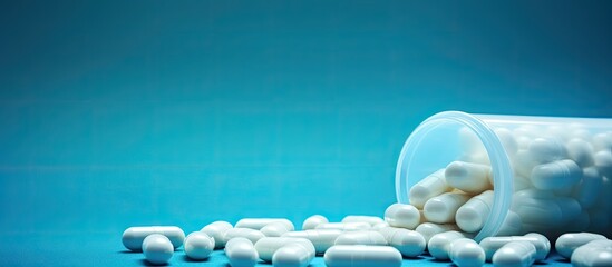 Aufkleber - Prescription pills and medication with a copy space image in the background spilled from a bottle onto a blue pastel surface