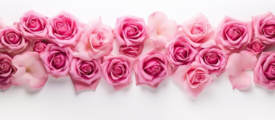 Aufkleber - A pink rose flower composition arranged on a white background representing concepts of love and appreciation such as Valentine s Day Mother s Day and Women s Day The image is taken from a top down pe