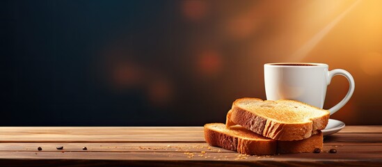 Poster - A coffee cup placed next to a slice of toast in a copy space image