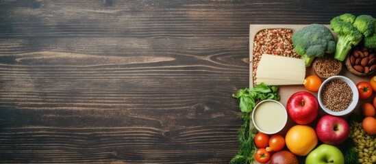 Aufkleber - A diet plan and copy space image on a wooden table depict the concept of maintaining a healthy lifestyle through mindful food choices